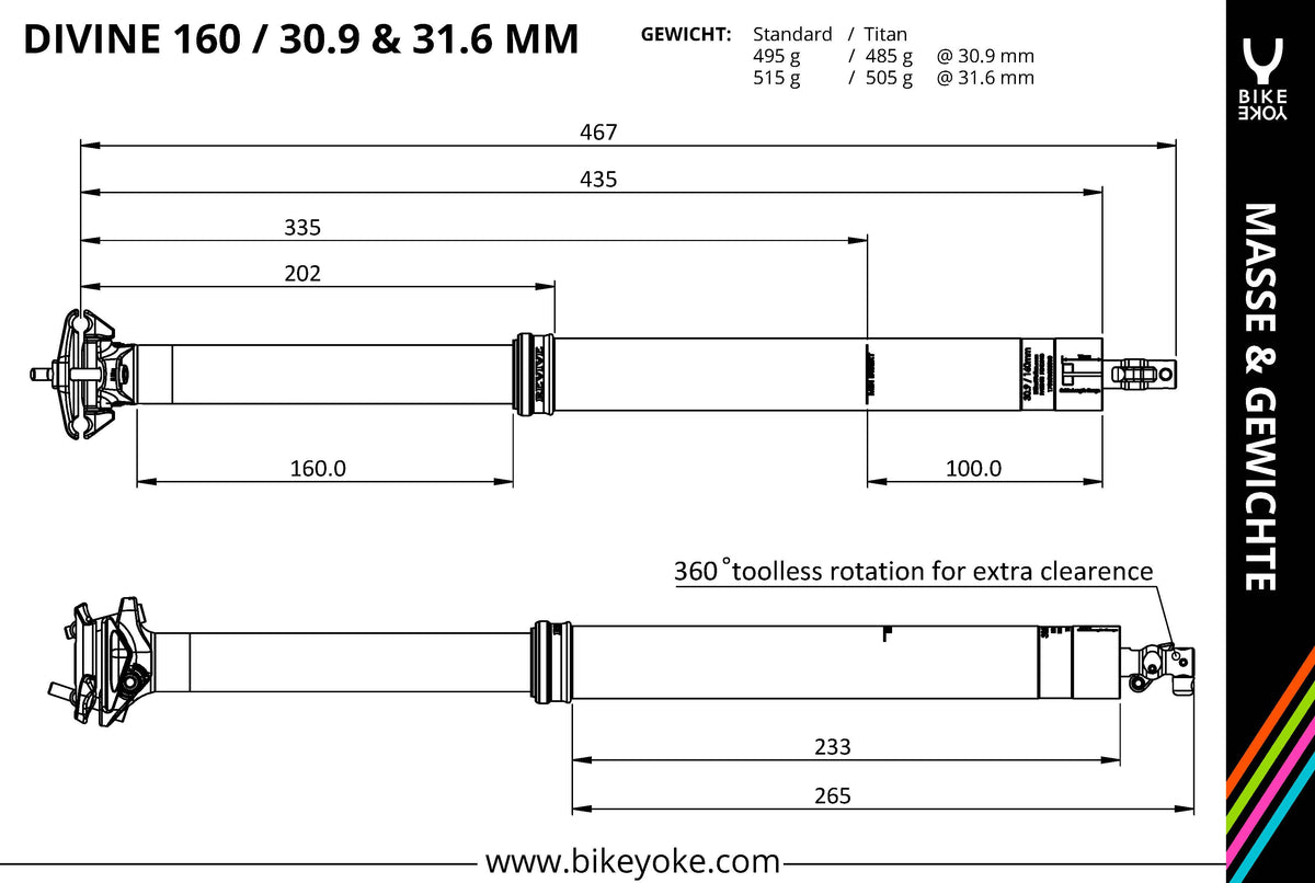 BikeYoke DIVINE Vario-Sattelstütze, 31.6mm ohne Hebel