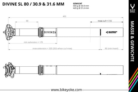 BikeYoke DIVINE SL Vario-Sattelstütze, 125 mm ohne Hebel 30.9 mm