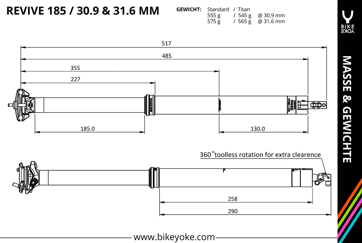 BikeYoke REVIVE Vario-Sattelstütze, 160 mm ohne Hebel 34.9 mm